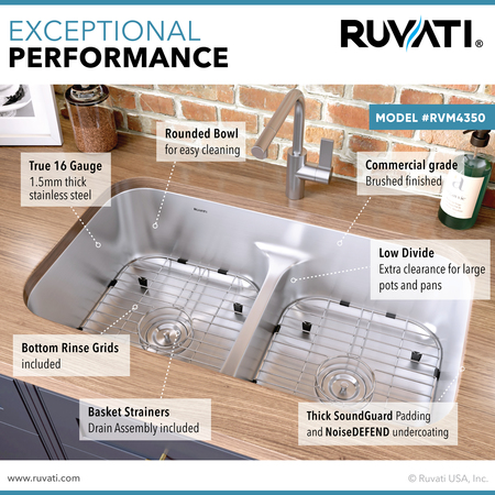 Ruvati 32" Low-Divide 50/50 Double Bowl Undermount 16 Gauge SS Kitchen Sink RVM4350